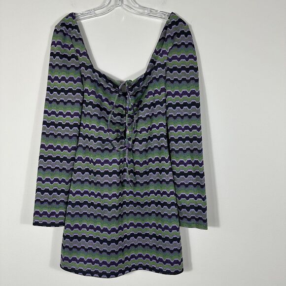Zara Womens Dress Sz S Green Purple Metalic Geometric Striped Cutout Long Sleeve - Picture 3 of 12